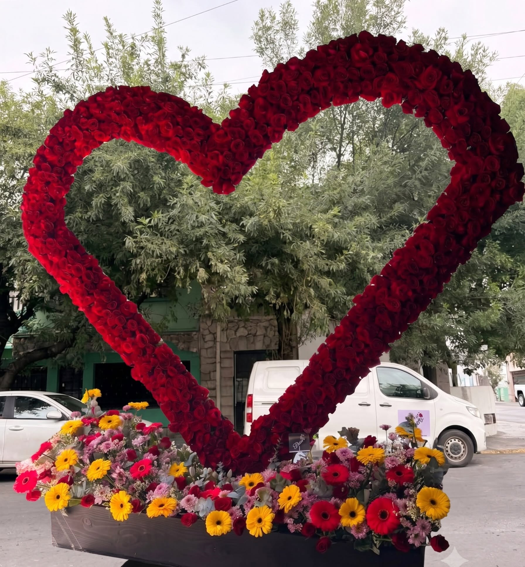 Estructura de corazón con rosas rojas y flores de colores